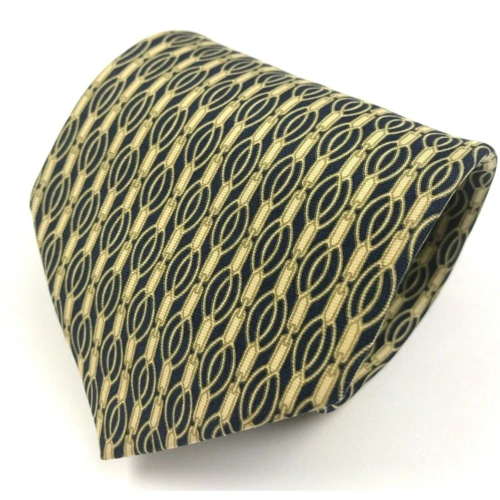 Ermenegildo Zegna Beige/Light Gold Navy Blue 100% Silk Necktie Made in Italy 56